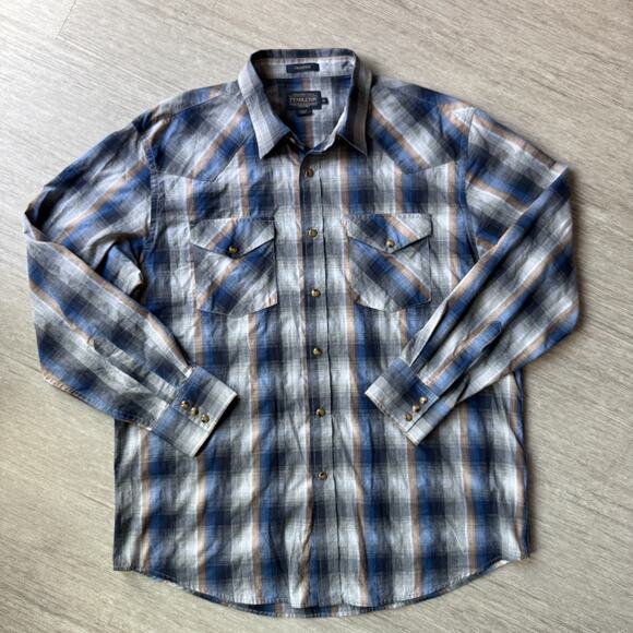 Pendleton Frontier Shirt Men XL Blue Plaid Pearl Snap Western Flap Pockets - Picture 1 of 7